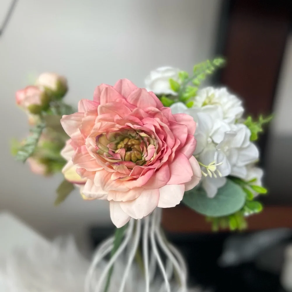 White metal vase Elegant Pink and White Floral Arrangement